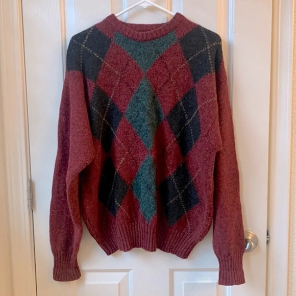 Vintage Nordic Knitted Wool argyle Crewneck Sweater Medium FLAW coastal grandma - Picture 1 of 9